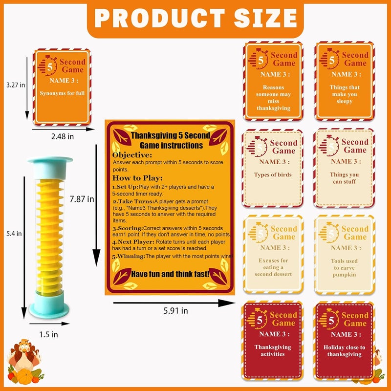 MLOLM Thanksgiving 5 Second Game Cards 108 Fall Thanksgiving 5 Second Rule Game Cards with 5 Second Hourglass -Fun Travel Game Night Think Fast Shout Out Answers - Image 2